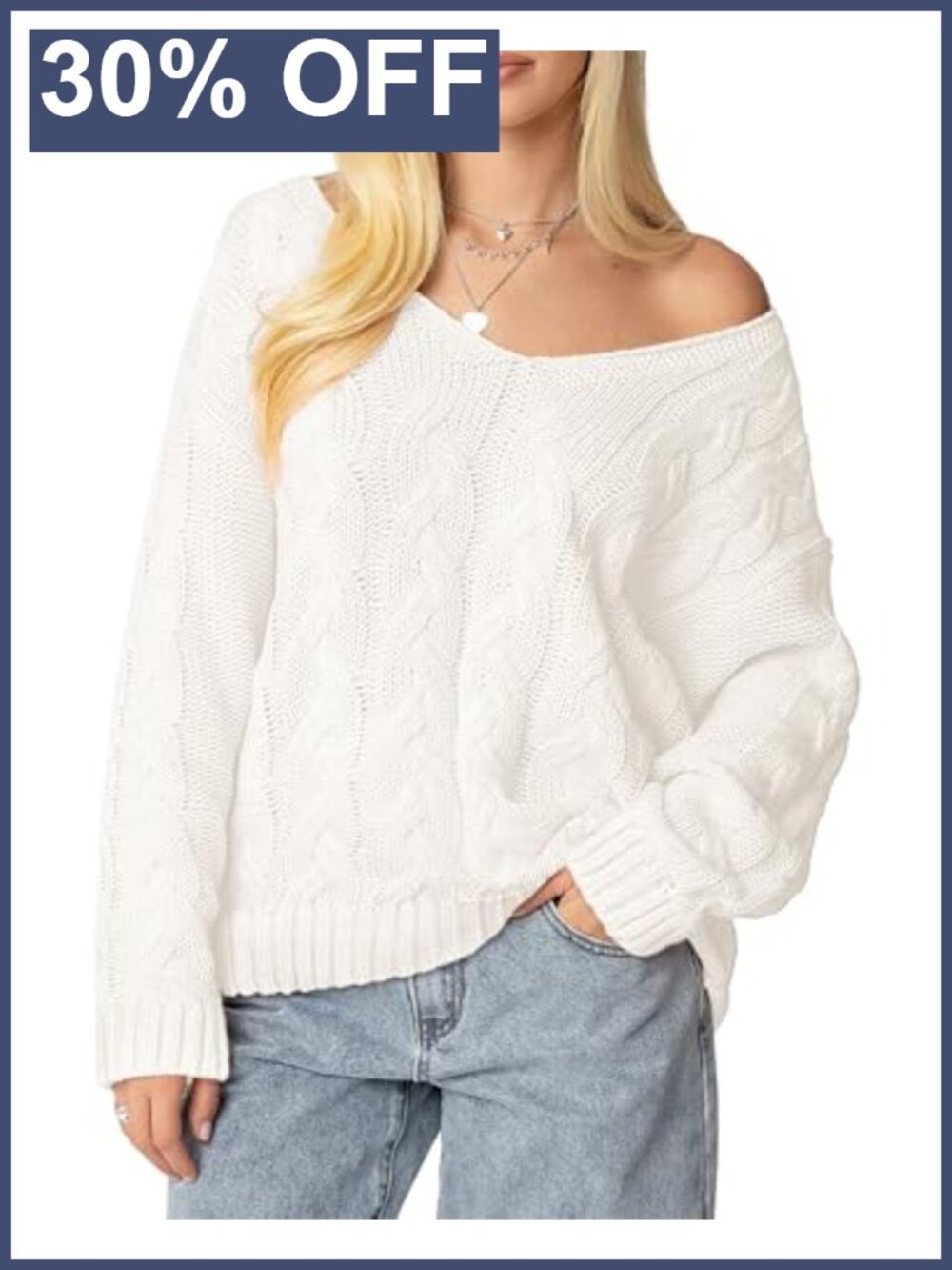 Oversized Cable Knit V Neck Sweater Womens Pullover Top